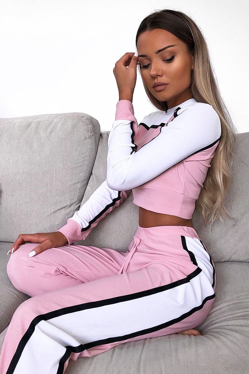 White and Pink Colour Block Tracksuit - Adryanna-Loungewear