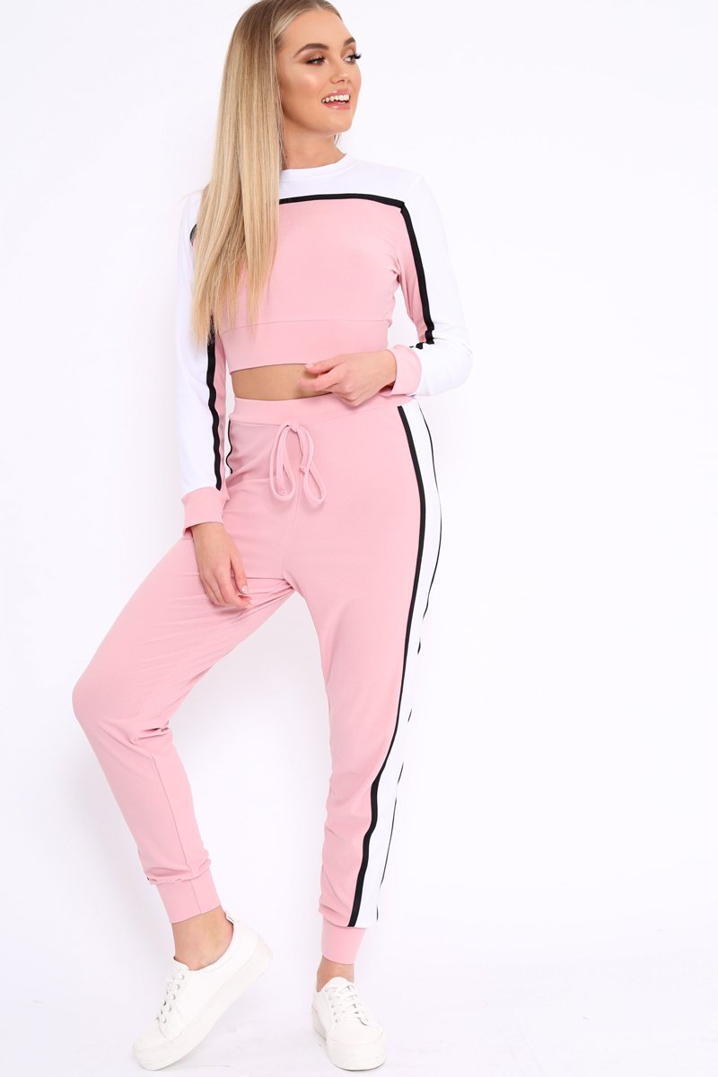 White and Pink Colour Block Tracksuit - Adryanna-Loungewear