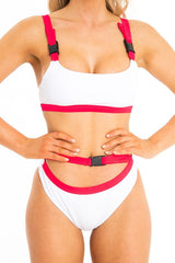 White and Red Buckle Detail Cut Out Bikini - Duru-Swimsuits