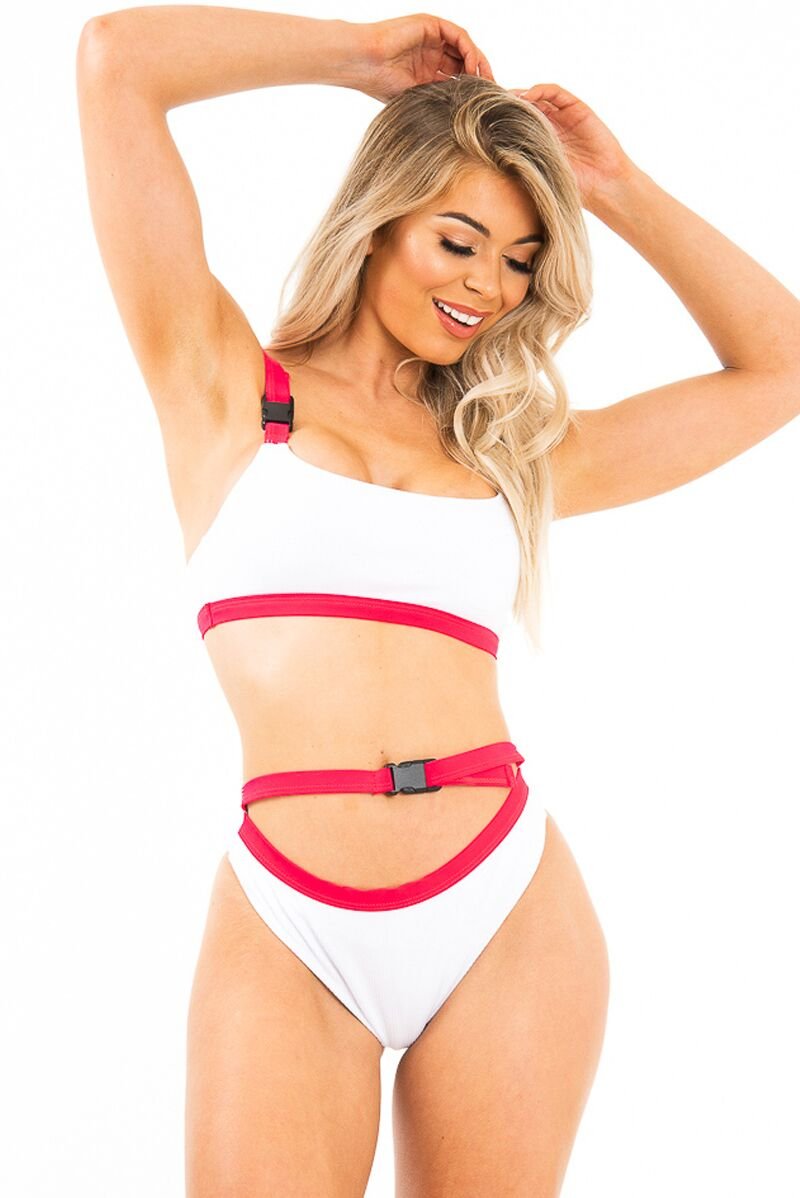 White and Red Buckle Detail Cut Out Bikini - Duru-Swimsuits
