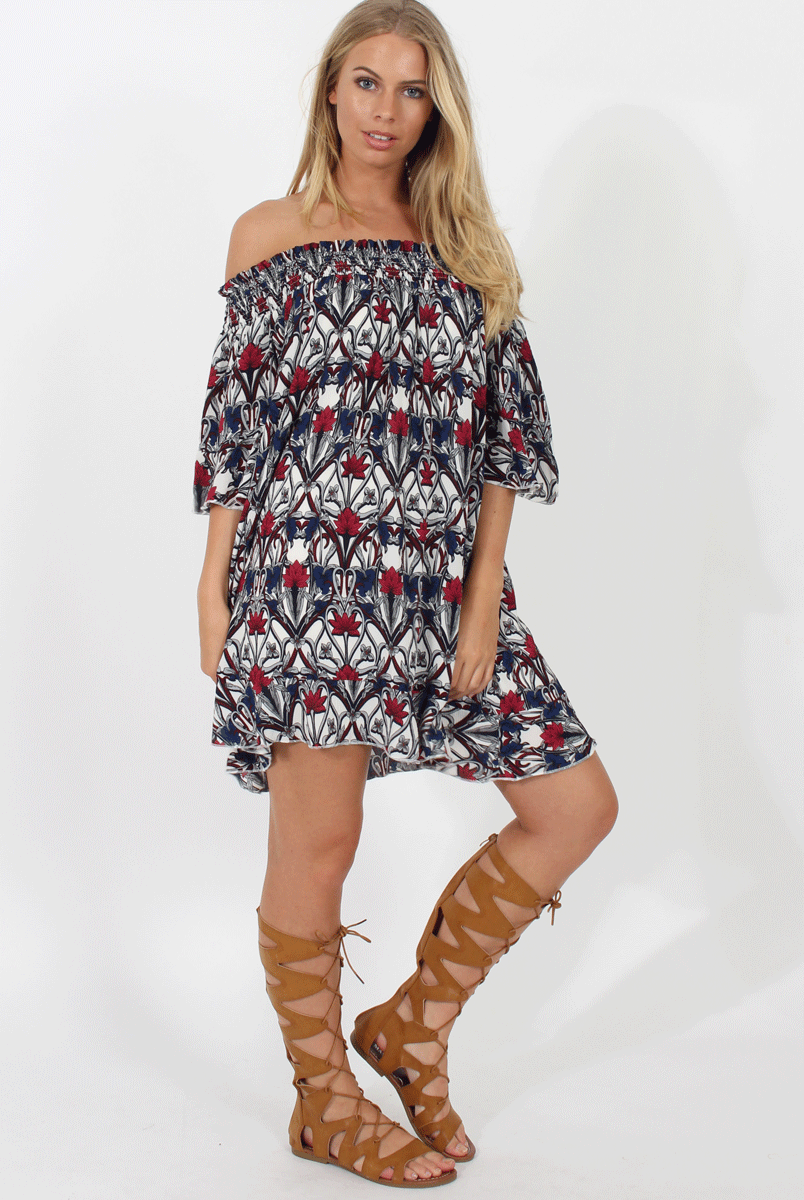 White and Red Floral Bardot Ruffly Trim Detail Dress- Stefi-Dresses