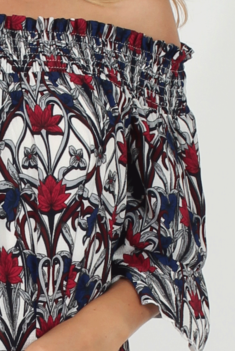 White and Red Floral Bardot Ruffly Trim Detail Dress- Stefi-Dresses