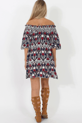 White and Red Floral Bardot Ruffly Trim Detail Dress- Stefi-Dresses