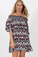 White and Red Floral Bardot Ruffly Trim Detail Dress- Stefi-Dresses