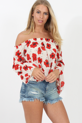 White and Red Floral Bardot Three Quarter Bell Sleeve Crop- Chantelle-Dresses