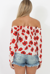 White and Red Floral Bardot Three Quarter Bell Sleeve Crop- Chantelle-Dresses