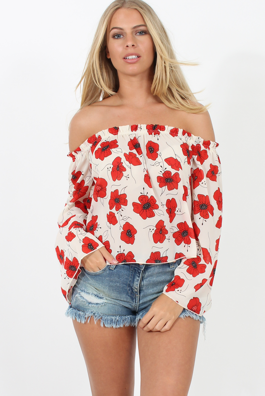 White and Red Floral Bardot Three Quarter Bell Sleeve Crop- Chantelle