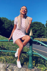 White and Red Heart Print Bodycon Dress - Jiselle-Dresses