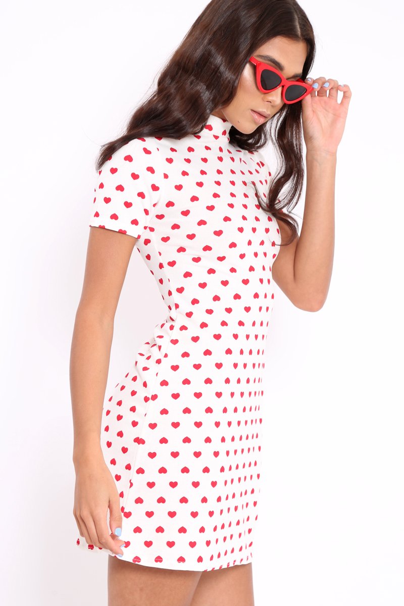 White and Red Heart Print Bodycon Dress - Jiselle-Dresses