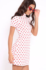 White and Red Heart Print Bodycon Dress - Jiselle-Dresses