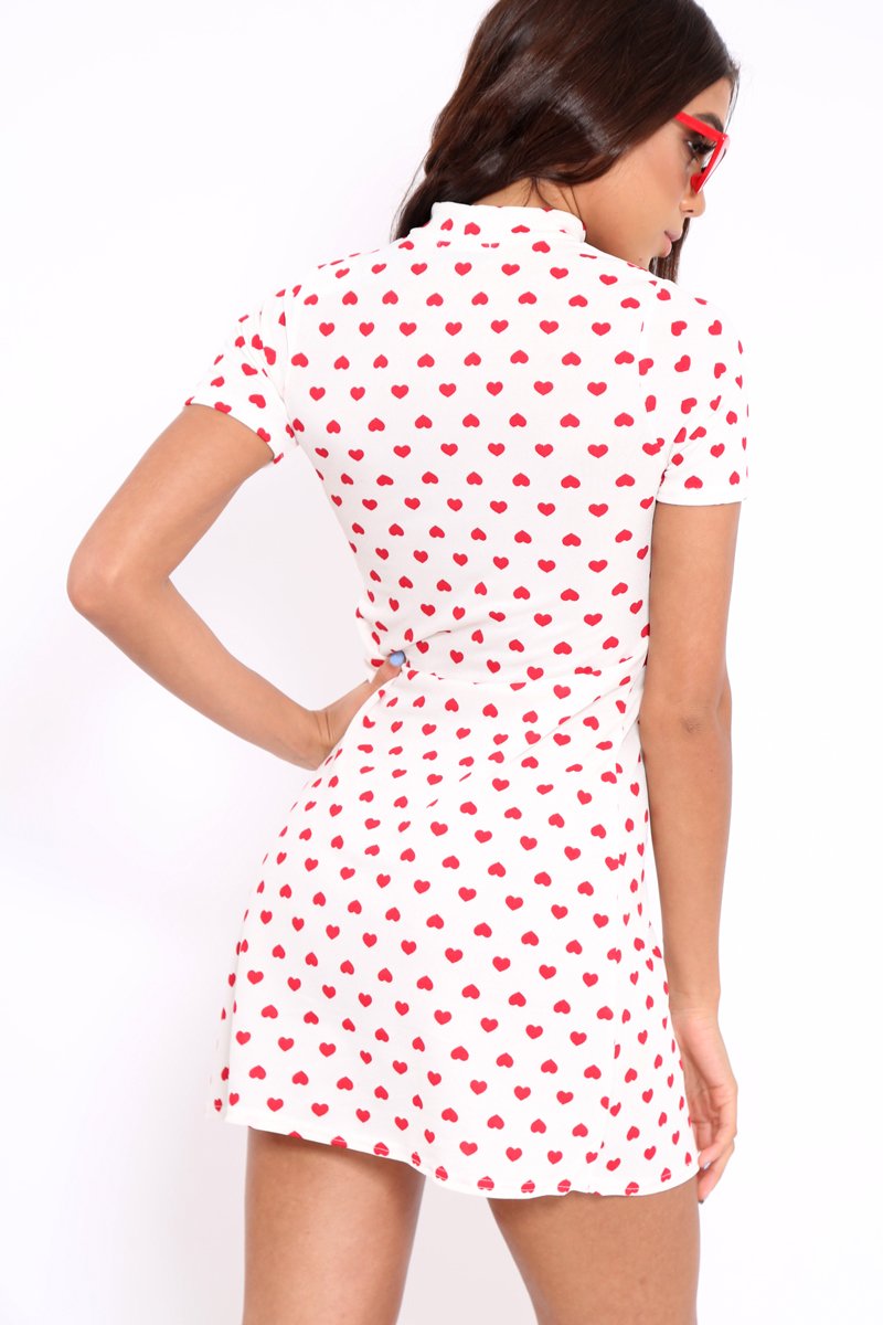 White and Red Heart Print Bodycon Dress - Jiselle-Dresses