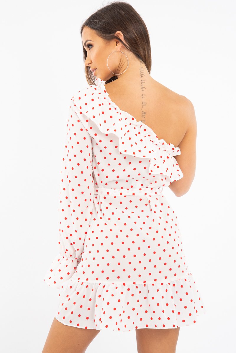 White and Red Polka Dot One Shoulder Frill Dress - Zyann-Dresses