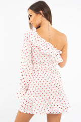 White and Red Polka Dot One Shoulder Frill Dress - Zyann-Dresses
