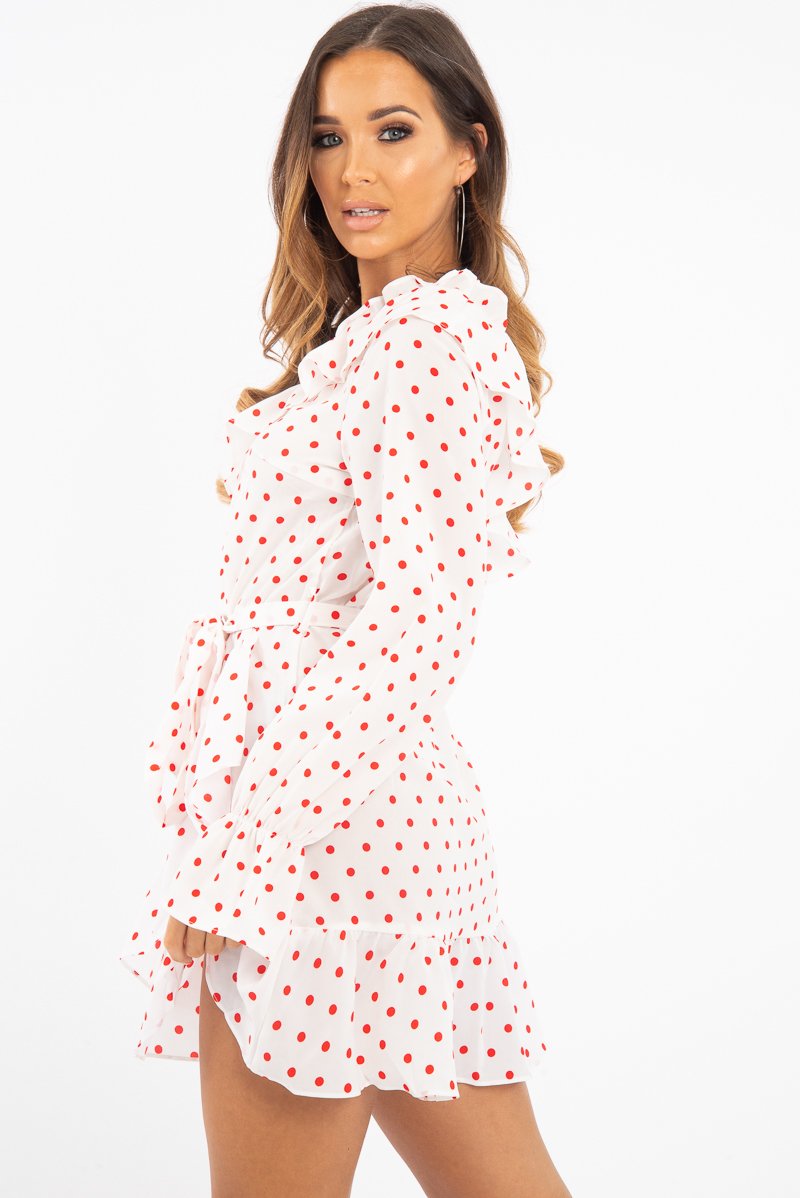 White and Red Polka Dot One Shoulder Frill Dress - Zyann-Dresses