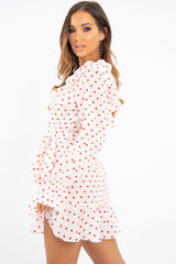 White and Red Polka Dot One Shoulder Frill Dress - Zyann-Dresses