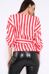 White and Red Striped Plunge Top with Ruched Sleeves - Semaya-Tops
