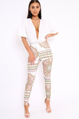 White and Rose Scarf Print Leggings - Lilyan-Trousers