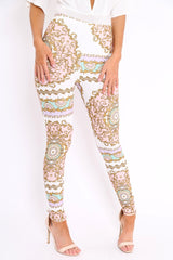 White and Rose Scarf Print Leggings - Lilyan-Trousers