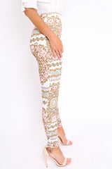 White and Rose Scarf Print Leggings - Lilyan-Trousers