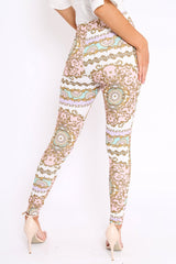 White and Rose Scarf Print Leggings - Lilyan-Trousers