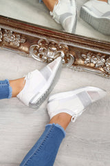 White and Silver Glitter Mesh Panel Trainers - Helaina-Trainers