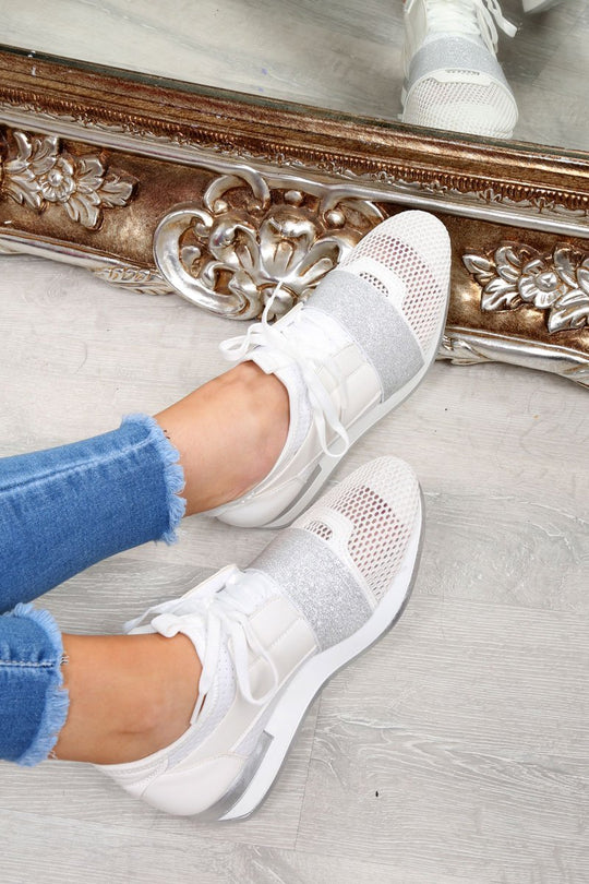 White and Silver Glitter Mesh Panel Trainers - Helaina