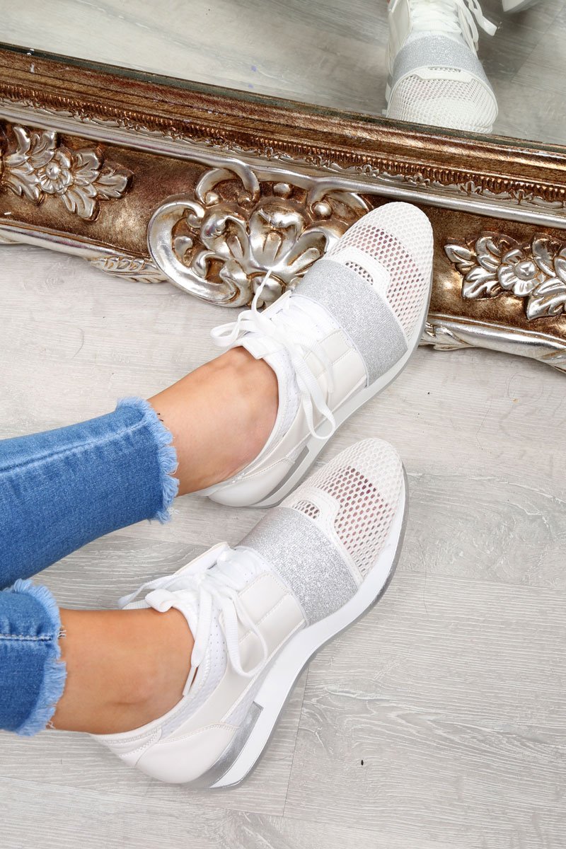 White and Silver Glitter Mesh Panel Trainers - Helaina-Trainers