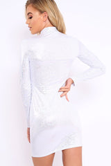 White and Silver High Neck Bodycon Dress - Azari-Dresses