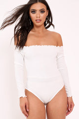 White bardot frill bodysuit - Kari-Bodysuits