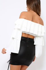 White extreme Layered Frill Bardot Crop Top - Nevaeh-Crop Tops