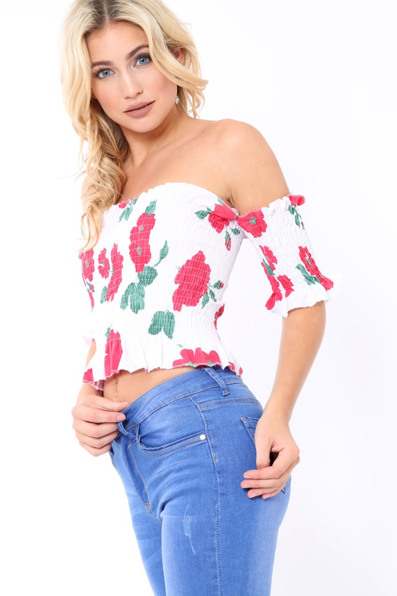 White floral Bardot Frill Shirred Crop Top - Kailah-Crop Tops