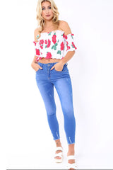 White floral Bardot Frill Shirred Crop Top - Kailah-Crop Tops