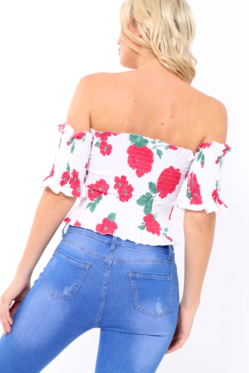White floral Bardot Frill Shirred Crop Top - Kailah-Crop Tops