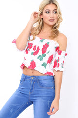 White floral Bardot Frill Shirred Crop Top - Kailah-Crop Tops