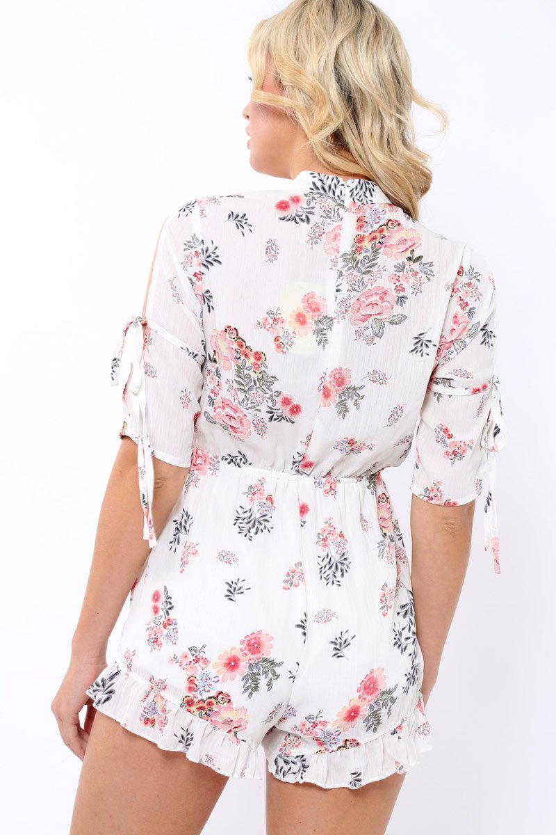 White floral cut out choker playsuit - Clarissa-Playsuits