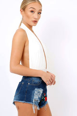 White plunge Halterneck Bodysuit - Lona-Bodysuits