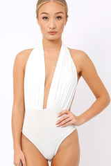 White plunge Halterneck Bodysuit - Lona-Bodysuits
