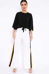 White with Mustard and Black Side Stripe Wide Leg Trousers - Wiley-Trousers