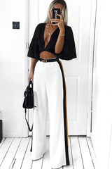 White with Mustard and Black Side Stripe Wide Leg Trousers - Wiley-Trousers