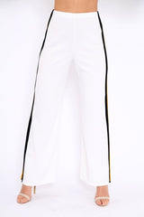 White with Mustard and Black Side Stripe Wide Leg Trousers - Wiley-Trousers