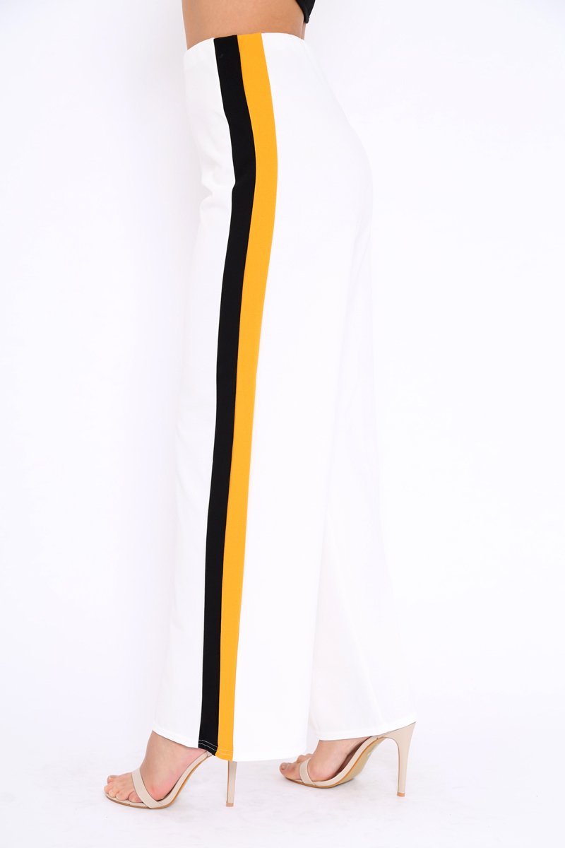 White with Mustard and Black Side Stripe Wide Leg Trousers - Wiley-Trousers