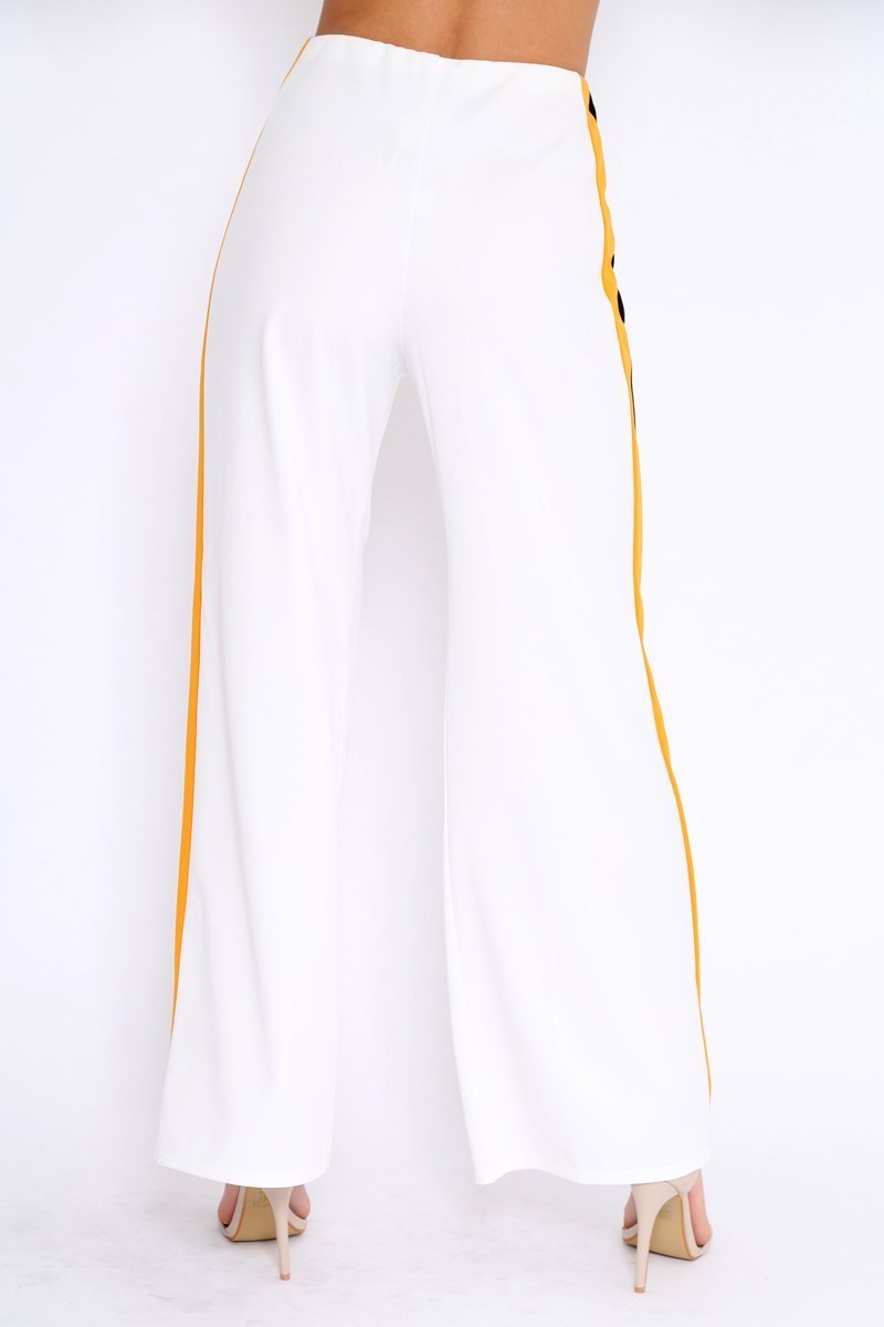 White with Mustard and Black Side Stripe Wide Leg Trousers - Wiley-Trousers