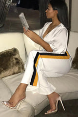 White with Mustard and Black Side Stripe Wide Leg Trousers - Wiley-Trousers