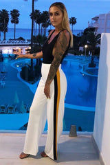 White with Mustard and Black Side Stripe Wide Leg Trousers - Wiley-Trousers