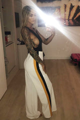 White with Mustard and Black Side Stripe Wide Leg Trousers - Wiley-Trousers