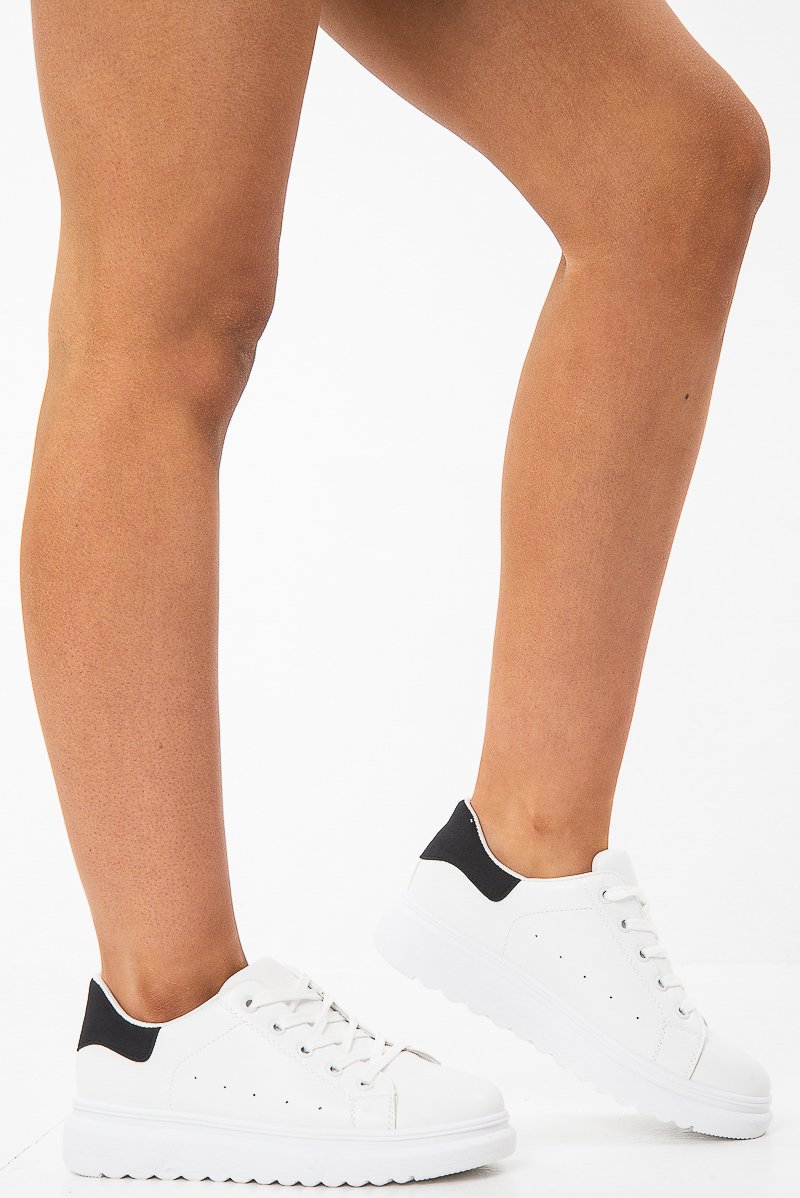 White/Black Cleated Lace Up Trainers - Halia-Trainers