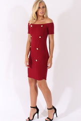 Wine Bardot Bodycon Button Detail Dress - Wallis-Dresses