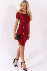 Wine Bardot Bodycon Button Detail Dress - Wallis-Dresses
