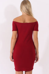 Wine Bardot Bodycon Button Detail Dress - Wallis-Dresses