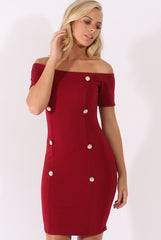 Wine Bardot Bodycon Button Detail Dress - Wallis-Dresses